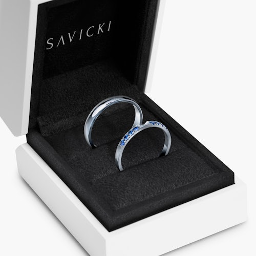 Obrączki The Journey: białe złoto, niebieski szafir, półokrągłe, 2 mm i 3 mm